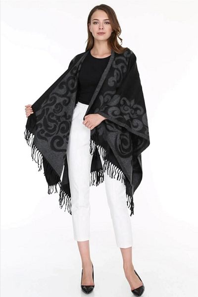 VERA LİFE Double Sided Patterned Women's Poncho Shoulder Shal