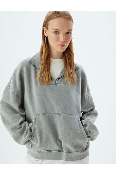 Koton Oversize Half Zip Sweatshirt - Stand Collar with Kangaroo Pockets and Wash