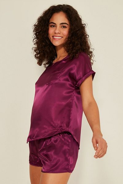 C&City 080 Women's Satin T-shirt Shorts Set Purple