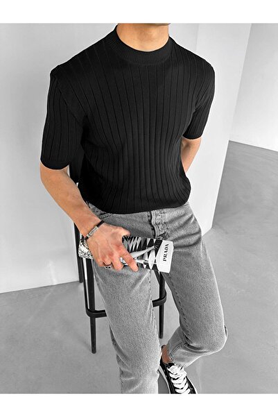 ablukaonline Men's Black Knitwear T-Shirt - Ribbed and Short Sleeve