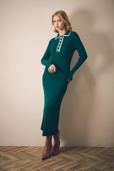 Fulla Moda Βασικό Πλεκτό Φόρεμα με γιακά πουκάμισο με μισό κουμπί