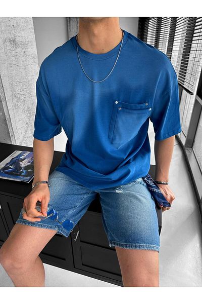 ablukaonline Μπλε ανδρικό μπλουζάκι Oversize - Τσέπη διπλής στρώσης