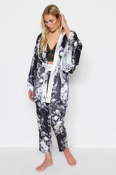 C&City Hose Bralet Morgenmantel 3-teiliges Satin-Pyjama-Set 9064 Weiß/Schwarz