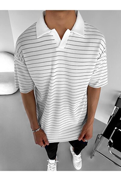 ablukaonline Λευκό ανδρικό μπλουζάκι με ριγέ Oversize Polo λαιμόκοψη