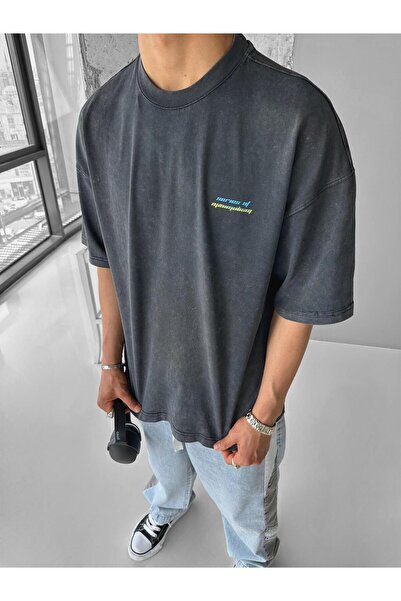 ablukaonline Αντρικό T-shirt Anthracite - Oversize, Minimalism Printed, Washable