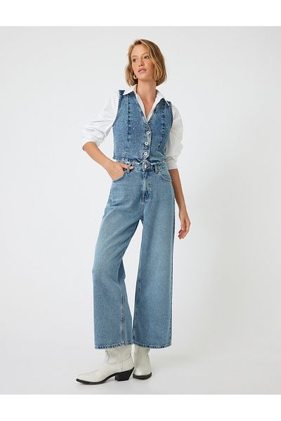 Koton Slim Fit Crop Jeans mit normaler Taille – Weites Bein, Geknöpft, Weites Bein