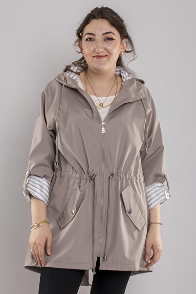 Xexese 2430 Büyük Beden Astarı Çizgili Kapüşonlu Beli Bağcıklı Pamuklu Yağmurluk