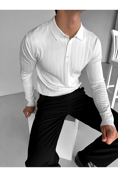 ablukaonline Men's Polo Collar Buttoned Ribbed Knitwear Sweater White