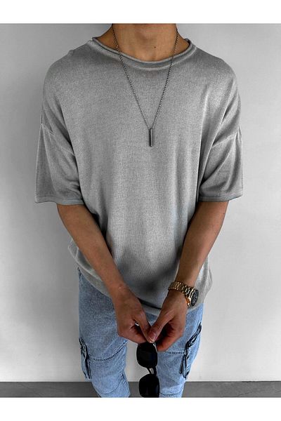 ablukaonline Γκρι ανδρικό πλεκτό μπλουζάκι - Oversize, 100% βαμβάκι, αναπνεύσιμο, ταλαιπωρημένο