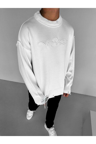 ablukaonline Ecru Men's Sweater - Oversize Embroidered, Round Neck, Cotton