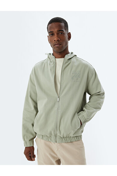 Koton Zippered Cotton Pocket Detailed Embroidered Hooded Denim Jacket