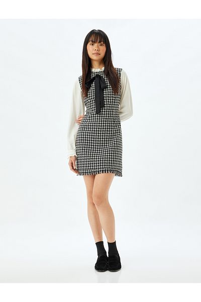 Koton Rochie mini din tweed cu mânecă lungă - guler cu volane, linie A, detaliu fundă