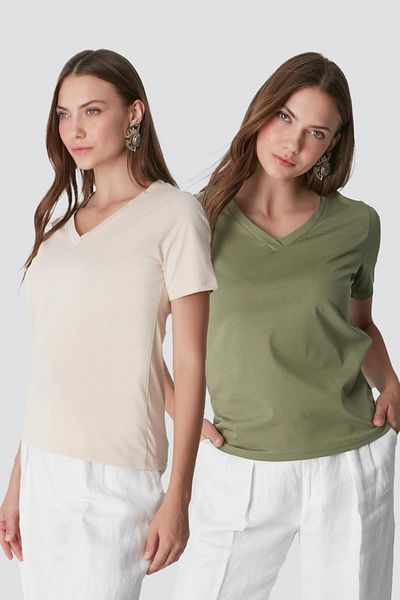 C&City Βασικό T-Shirt με κοντό μανίκι V-λαιμόκοψη 2 συσκευασιών 962 Χακί/Μπεζ