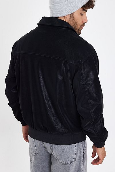 MADZEYMODA Ανδρικό μαύρο δερμάτινο παλτό New Season LNS58529Y
