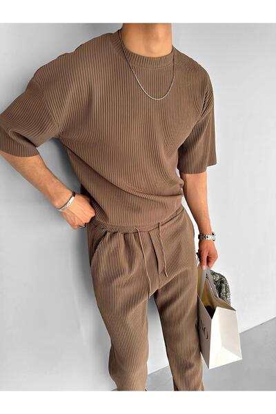 ablukaonline Ανδρικό μπλουζάκι Oversize ριγέ - ελαστικό και ελαφρύ, άνετο καλοκαίρι, ανοιχτό καφέ