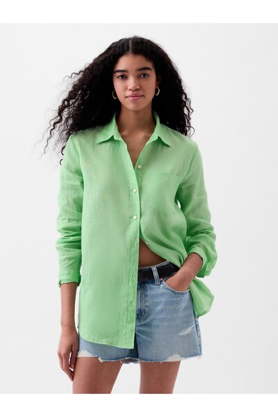GAP Kadın Yeşil Keten Boyfriend Gömlek
