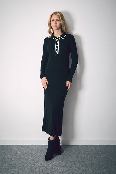 Fulla Moda Basic Half Buttoned Shirt Collar Knitwear Dress