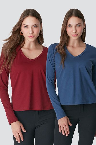 C&City Σετ μπλουζών 2 τεμαχίων V-Neck - 954 Indigo/Claret Red