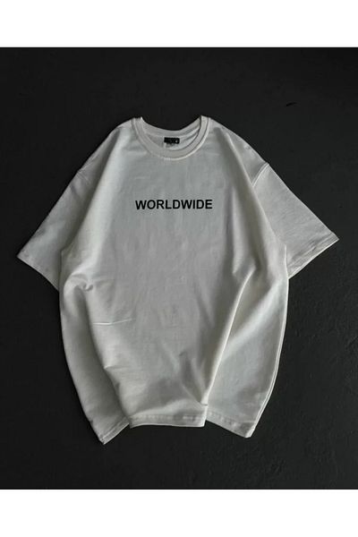 Viyamo Λευκό μπλουζάκι Unisex Oversize με στάμπα με λαιμόκοψη