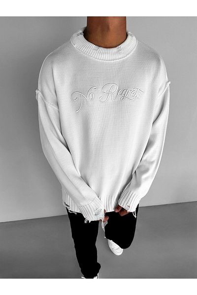 ablukaonline Ecru Men's Sweater - Oversize Embroidered, Round Neck, Cotton