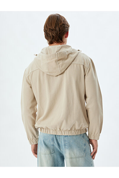 Koton Zippered Cotton Pocket Detailed Embroidered Hooded Denim Jacket