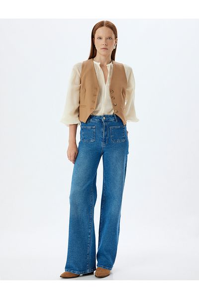 Koton Wide Leg Jeans High Waist Pocket Detailed Buttoned Jeans