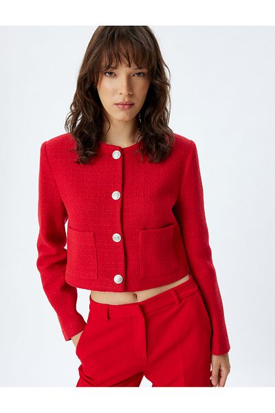 Koton Kurze Tweed-Jacke – Rundhalsausschnitt, geknöpfte Tasche, normale Passform