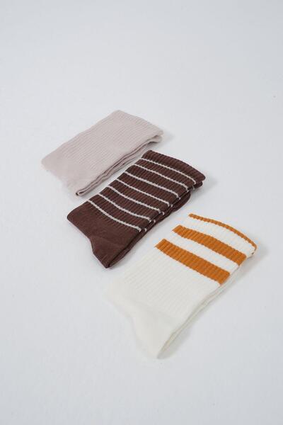 C&City Млечнокафяв комплект дълги чорапи на райета - 3 части