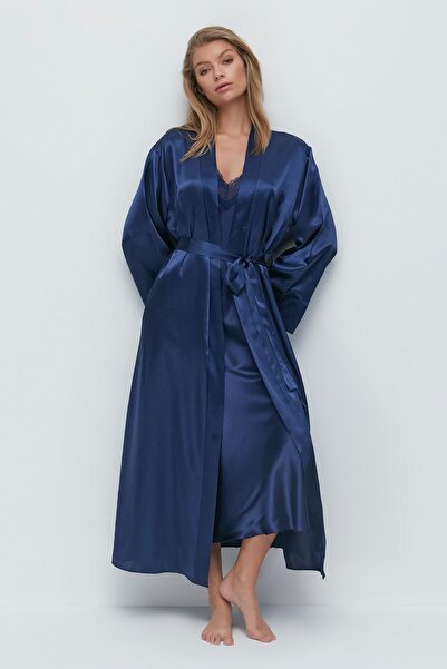C&City Long Sleeve Satin Dressing Gown 093 Dark Blue