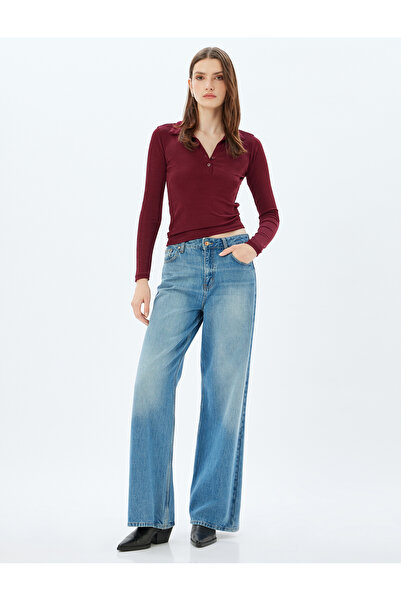 Koton Basic-T-Shirt mit Polokragen – lange Ärmel, Knopfleiste, schmale Passform