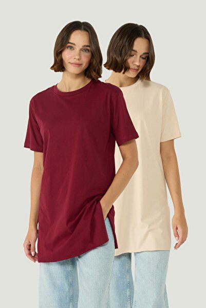 C&City Дълга тениска с кръгло деколте и цепка от 2 части - бордо червено/бежо...