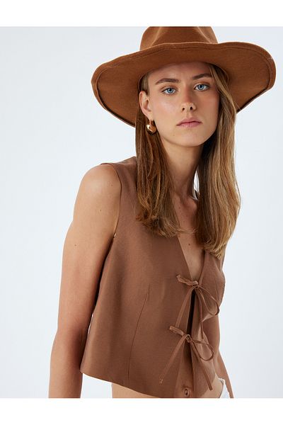 Koton Modal Fabric - Bow V-Neck Crop Vest, Lace-Up Front Design
