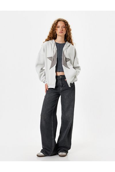 Koton Star Embroidered Oversize Hooded Sweatshirt - Pocket Detailed Hoodie