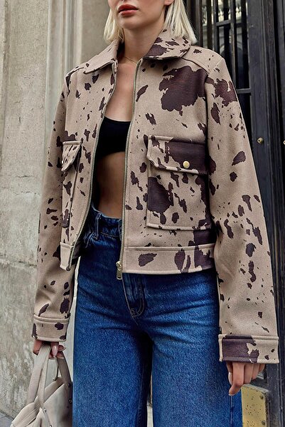 Swist Dámská Crop bunda se zipem s dvojitou kapsou, norkový dalmatský vzor