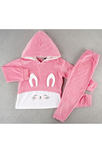 ESİLA KİDS Velvet Rabbit Patterned Girl's Cotton Knitted Top and Bottom Set