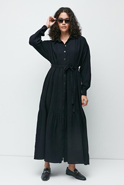 C&City Μακρυμάνικο φόρεμα από οργανικό βαμβάκι μουσελίνα 9128 μαύρο