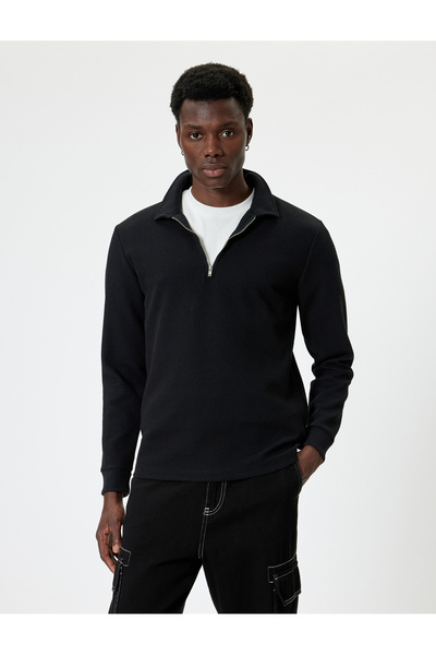 Koton Polo Neck Sweatshirt Half Zipper Basic Long Sleeve Cotton Blended