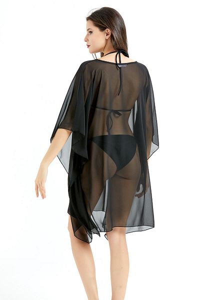 C&City Chiffon Poncho Pareo Strandkleid C14323 Schwarz