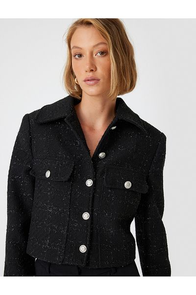 Koton Tweed Crop Jacket - Detail kapsy s knoflíkem a klopou
