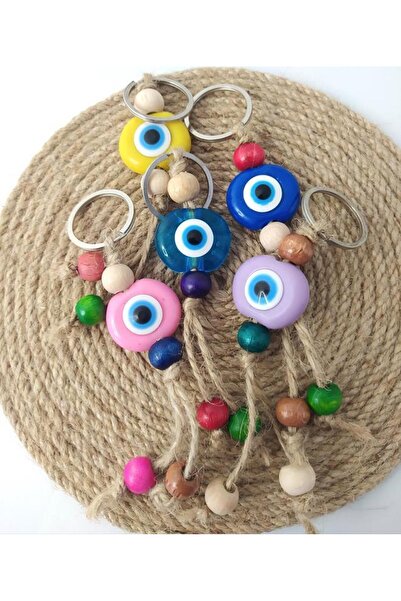 Hd Marketim سلسلة مفاتيح مطرزة بالعين الشريرة مكونة من 5 قطع طاردة للعين الشريرة مصنوعة يدويًا من الخوص الملون ومطرزة بالعين الشريرة