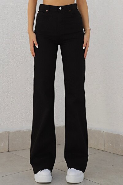 Ramrod Unfading Black Lycra Super High Waist Loose Jean Palazzo Trousers. (SUPER HIGH.) Wide Leg.