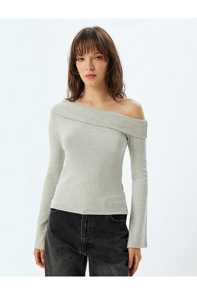 Koton Madonna Collar Off-The-Shoulder T-Shirt Fold Detailed Ribbed Long Sleeve Slim Fit