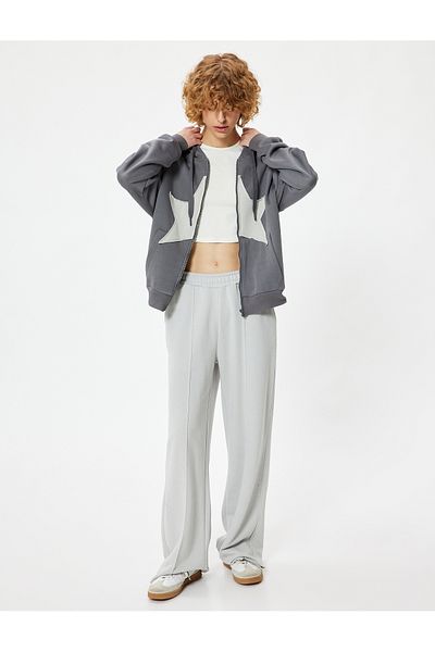 Koton Star Embroidered Oversize Sweatshirt - Zippered and Kangaroo Pocket