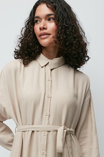 C&City Μακρυμάνικο Φόρεμα Μουσελίνας από Οργανικό Βαμβάκι 9128 Ανοιχτό Μπεζ