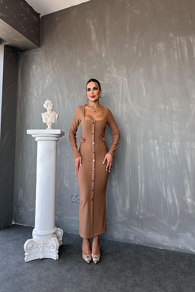 kamacibutik Rochie creion cu dungi cu nasturi cu guler pătrat