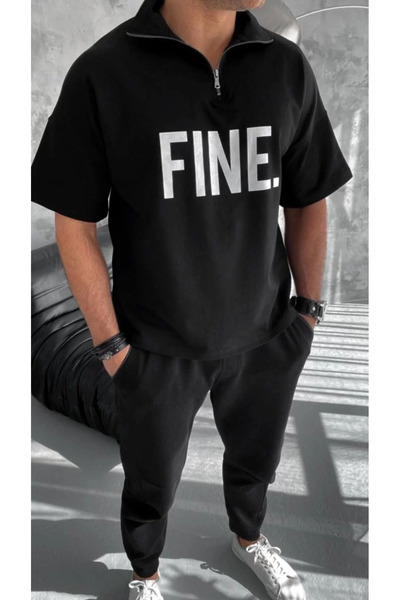 LUMİART Unisex Printed Half Zipper T-Shirt - Black