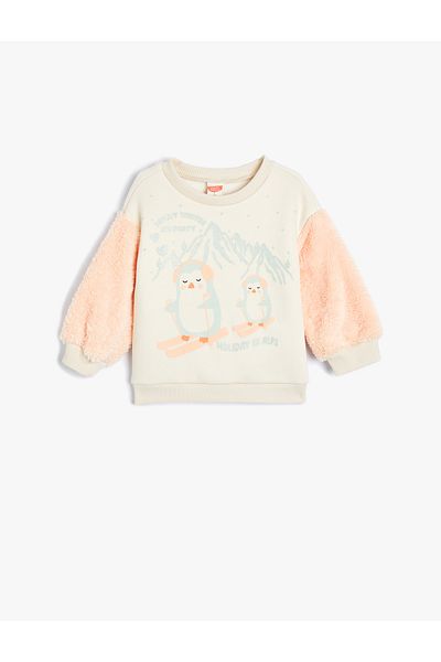 Koton Crew Neck Penguin Sweatshirt - Plush Detail, Long Sleeve, Raster