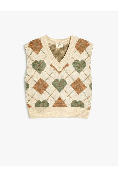 Koton V-Neck Diamond Patterned Knitwear Sweater