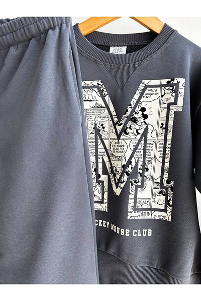 Baby Babyaden m - Mickey Patterned Cotton Lettered 3 Thread Non-Rated Girl's Tracksuit Set
