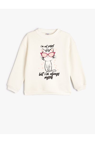 Koton Cotton Oversize Sweatshirt - Cat Print, Crew Neck, Long Sleeve